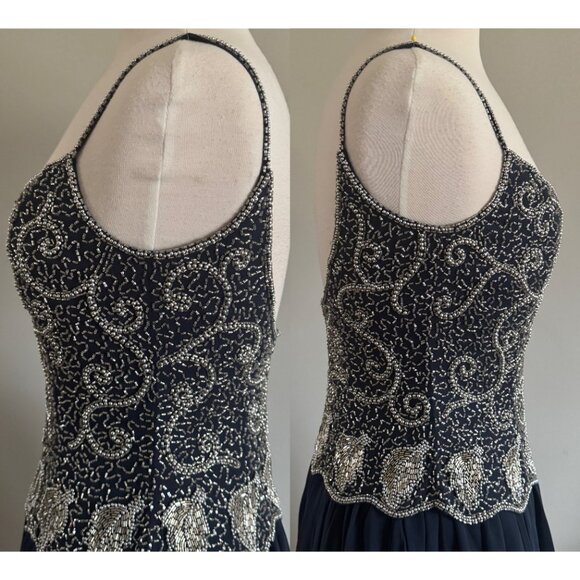 Vintage Oleg Cassini Navy 100% Silk Silver Pearl Beaded Party Dress | Sz 8 - Picture 11 of 14